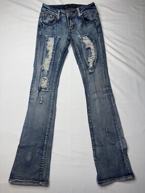 Virgin Only Y2K Low Rise Bootcut Flare Distressed Rhinestone Jeans Sz 25